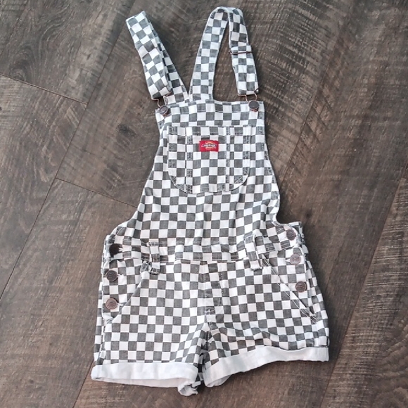 Dickies Black and White Checkered Juniors Overall Shorts - Picture 1 of 5